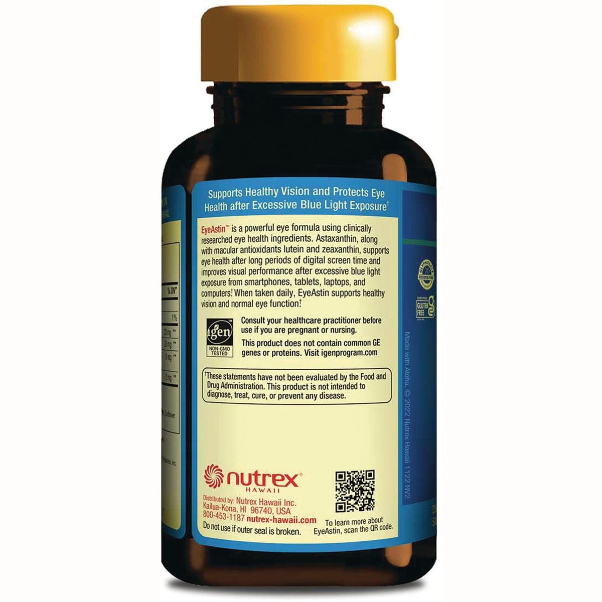 NUT020 | Back label of brown supplement bottle showing EyeAstin eye support description, warnings, Nutrex logo and QR code