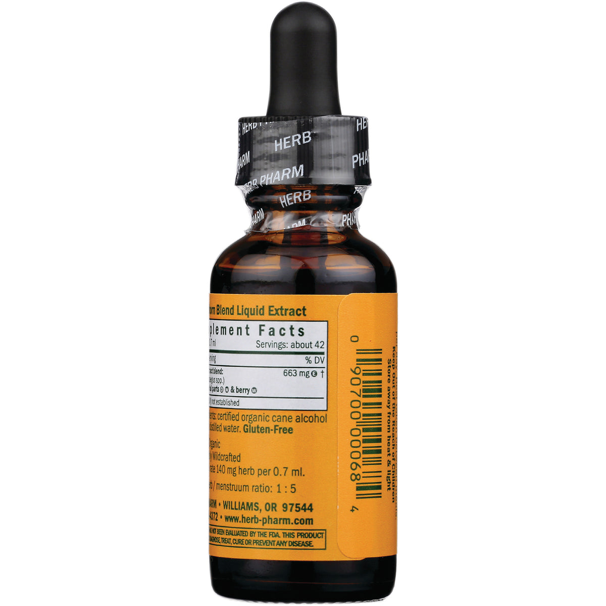 HPH019 | back of amber dropper bottle with yellow label showing supplement facts panel and barcode