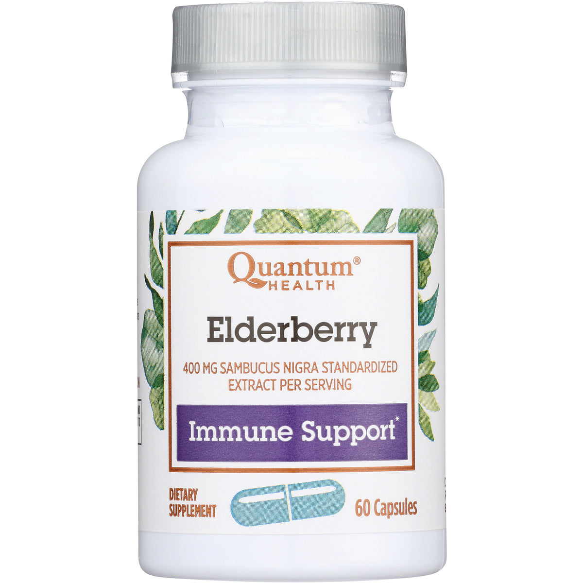 QU035 | White bottle of Quantum Health Elderberry supplement label reading Elderberry, Immune Support, 60 Capsules