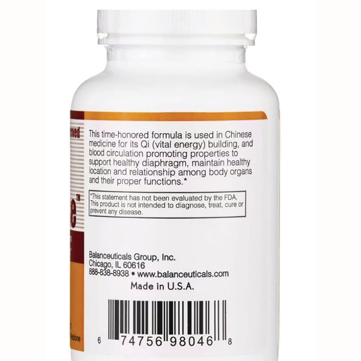 BAL004 | Back label of white supplement bottle with product description, FDA disclaimer and barcode