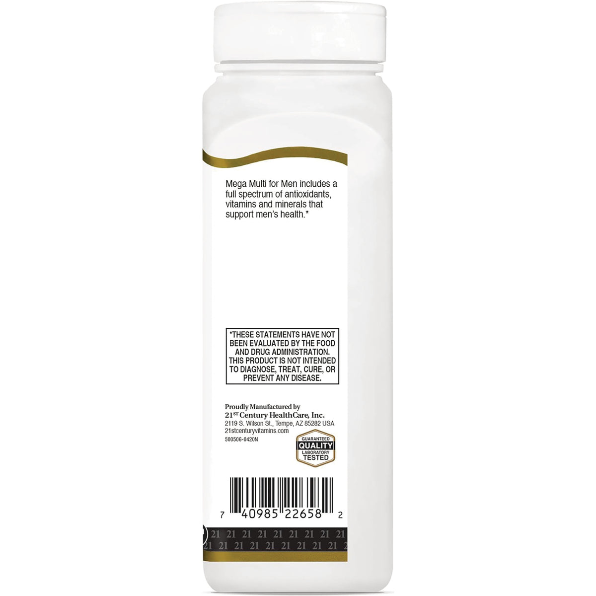 CNT100 | back label of white supplement bottle with FDA disclaimer, barcode, and manufacturer information