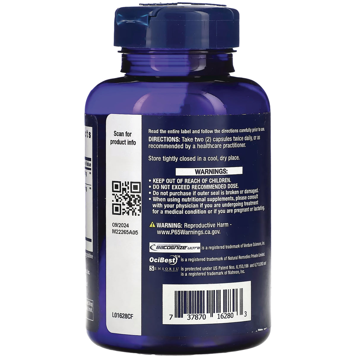 LE451 | Back of blue supplement bottle showing directions, warnings, QR code and barcode