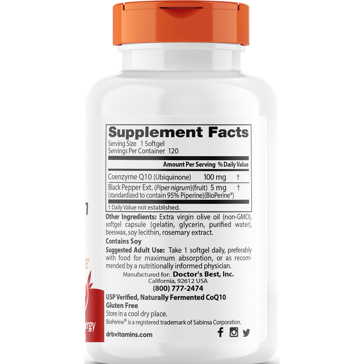 DB160 | Back label with Supplement Facts listing Coenzyme Q10 100 mg, serving size 1 softgel, other ingredients