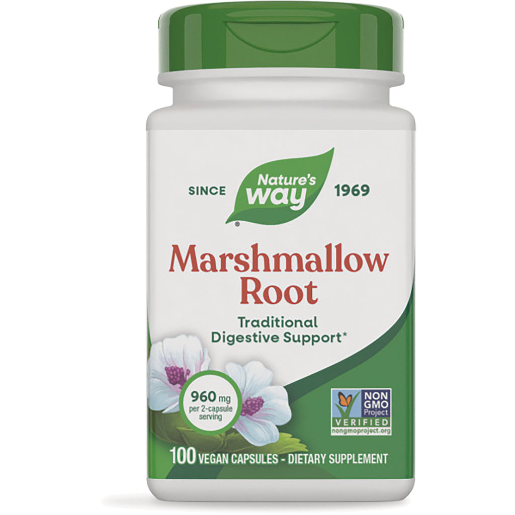 NW155 | Nature's Way Marshmallow Root white bottle with green cap, 100 vegan capsules, 960 mg per 2-capsule serving - Thumbnail