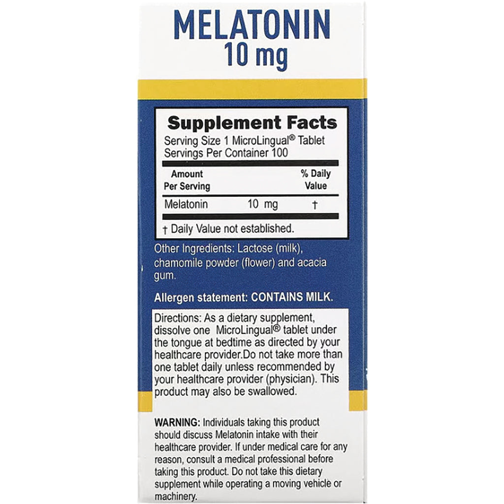 SUS031 | Back of melatonin 10 mg supplement box showing Supplement Facts, directions, and allergen statement CONTAINS MILK - Thumbnail