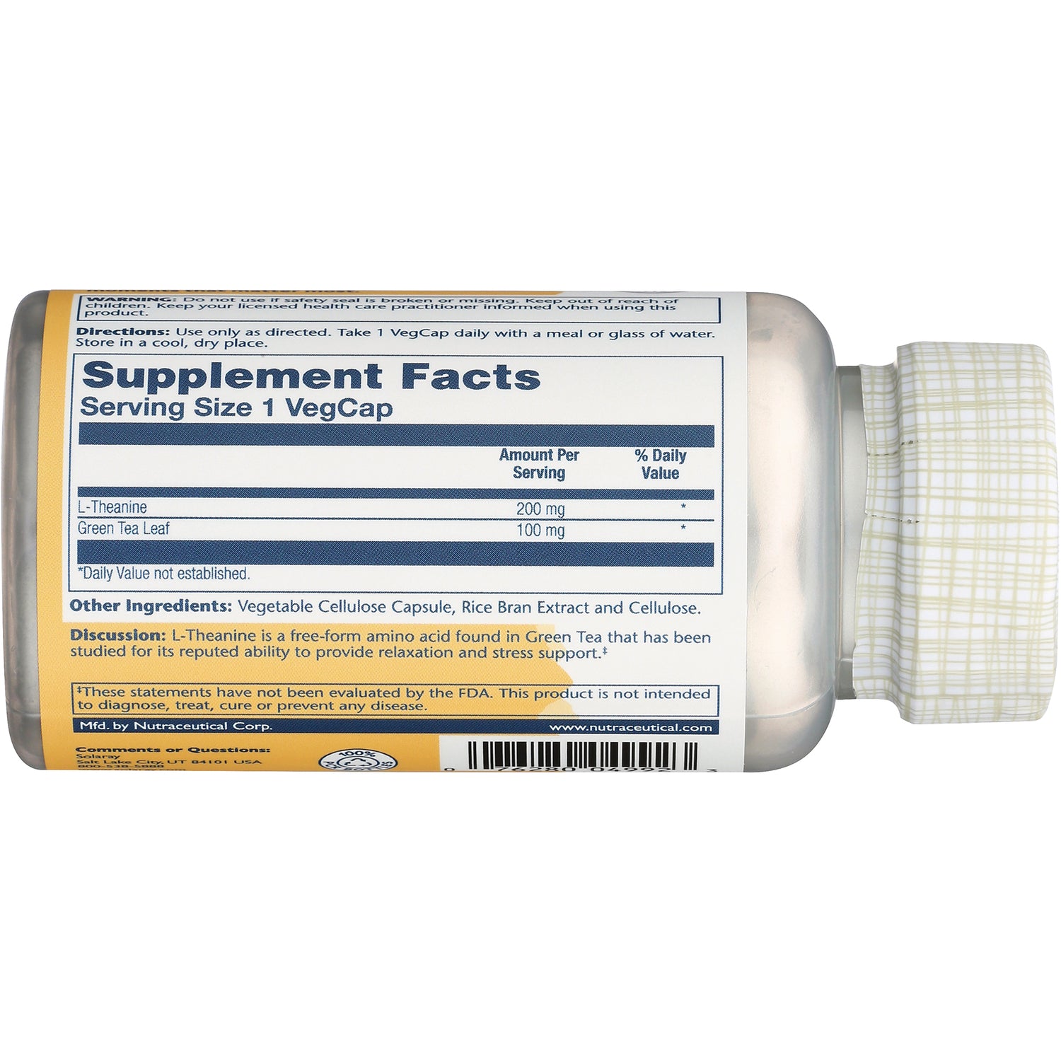 SLR372 | back of supplement bottle showing Supplement Facts label with L-Theanine 200 mg and Green Tea Leaf 100 mg