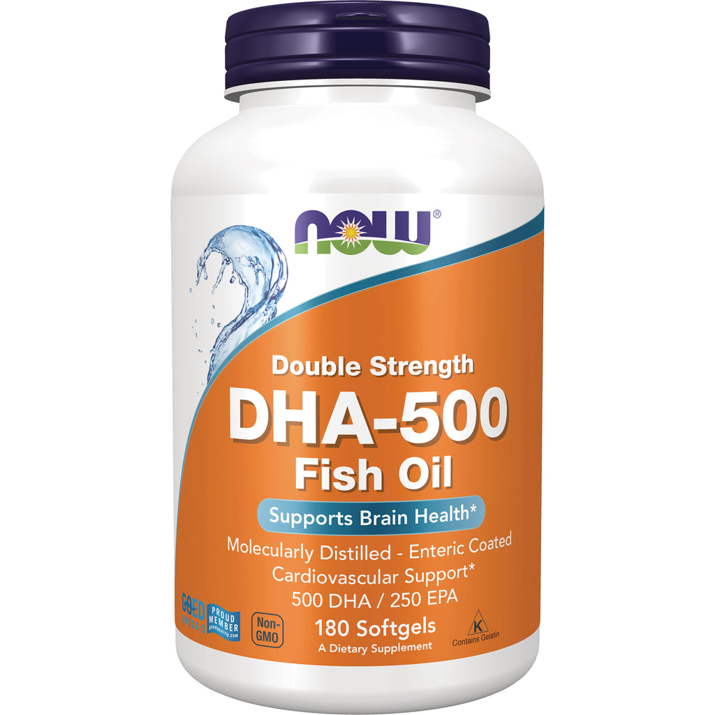 NWF1444 | NOW Double Strength DHA-500 Fish Oil bottle showing label text Double Strength DHA-500 Fish Oil 180 Softgels - Thumbnail