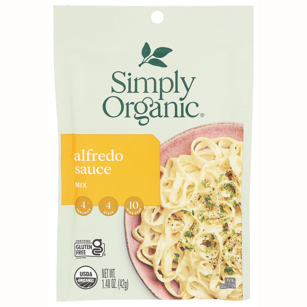 SMP006 | Simply Organic alfredo sauce mix pouch with bowl of fettuccine, USDA Organic and gluten free labels - Thumbnail