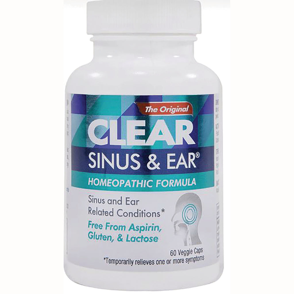 CLP008 | Front view of CLEAR Sinus & Ear homeopathic formula bottle, 60 veggie caps, label says free from aspirin gluten & lactose - Thumbnail