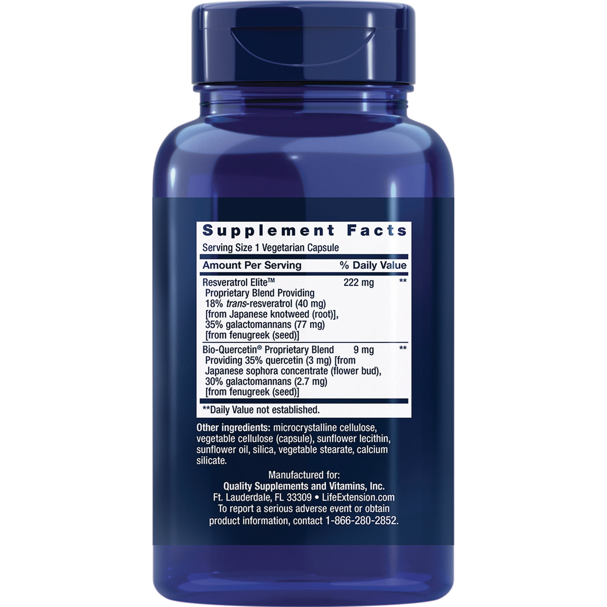 LE557 | back of blue supplement bottle showing Supplement Facts label with serving size, ingredients, and manufacturer information