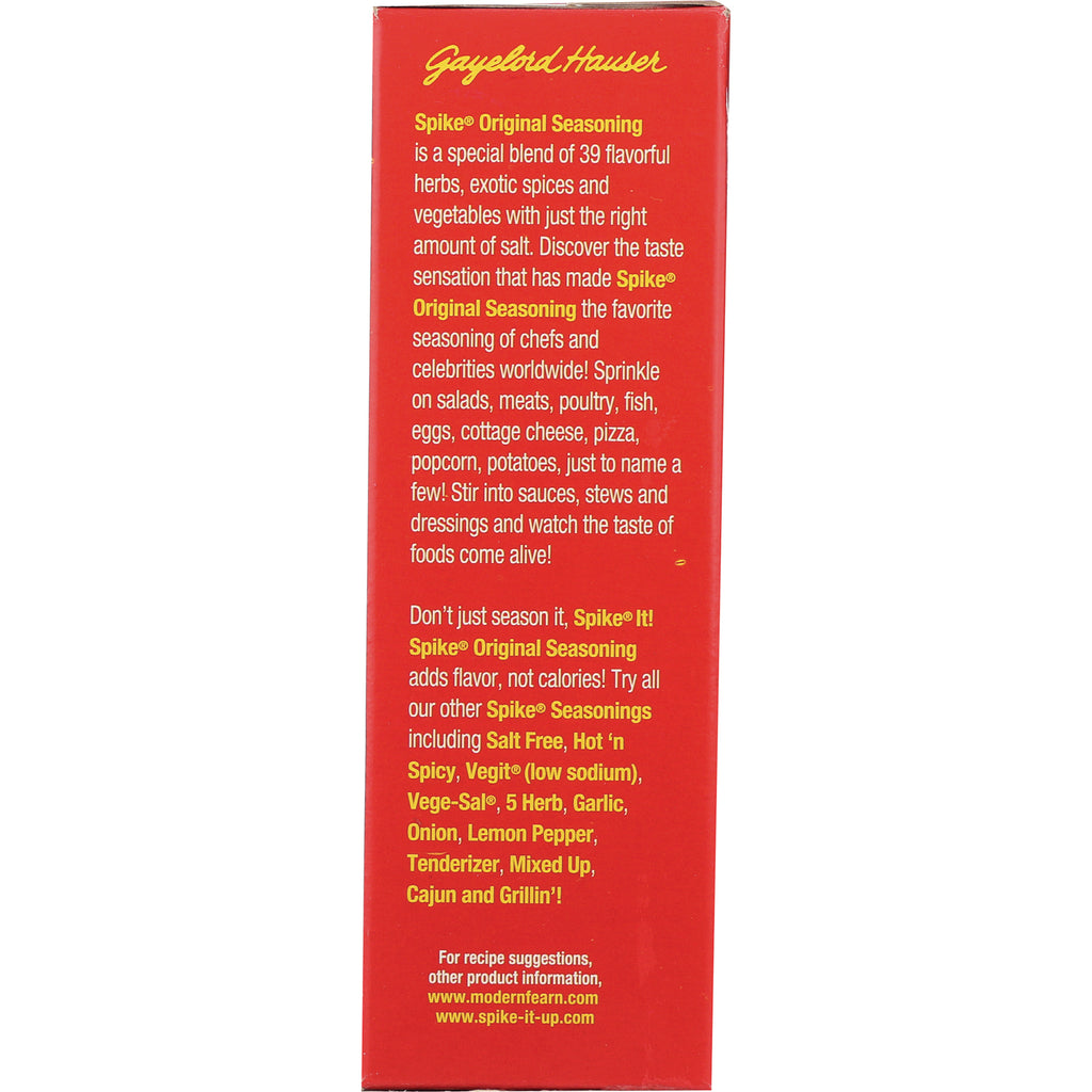 MPR002 | Back of red Spike Original Seasoning box showing product description, usage suggestions and website text - Thumbnail