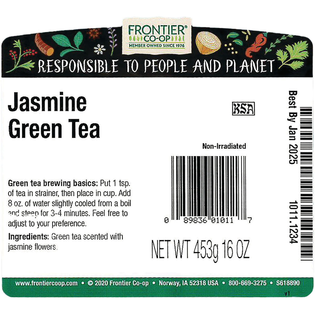FNP083 | back label of Frontier Co-op Jasmine Green Tea with brewing instructions, ingredients, barcode and NET WT 453g 16 OZ