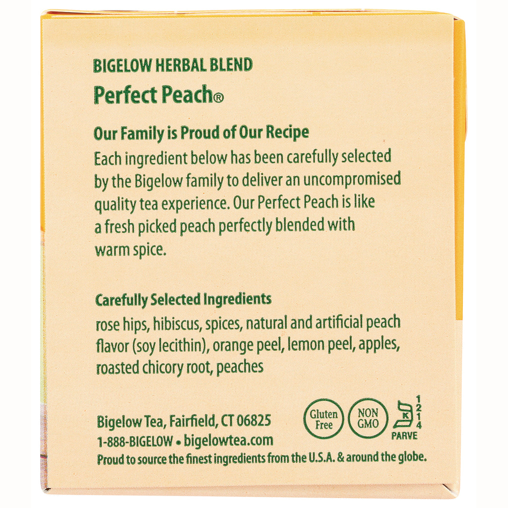 BGT023 | Back of Perfect Peach tea box showing product description, ingredients list and gluten free Non GMO icons - Thumbnail
