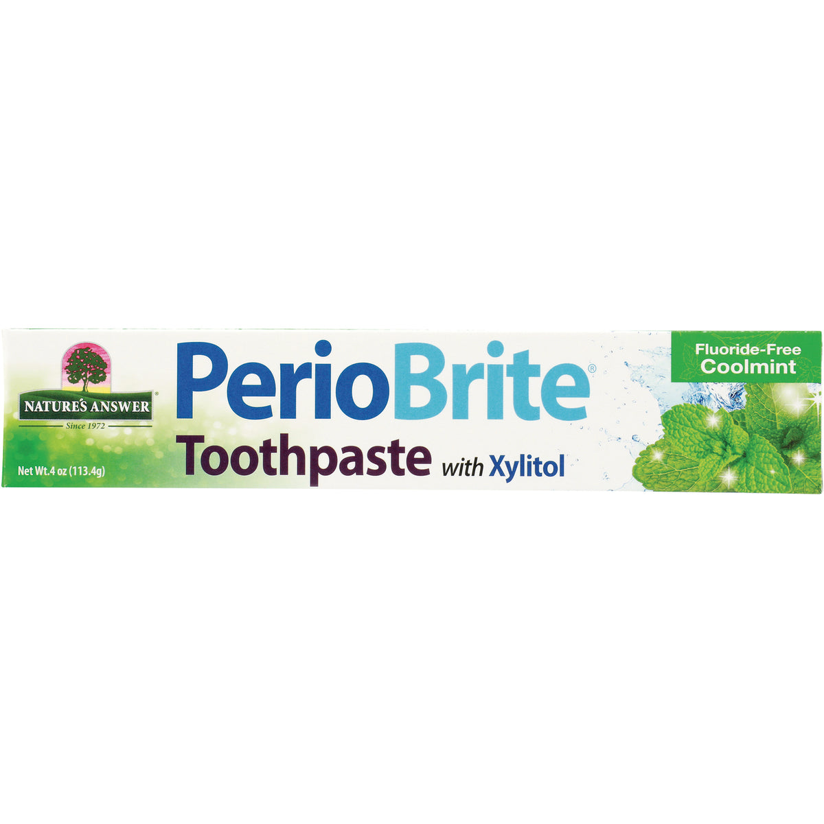 NAT078 | PerioBrite toothpaste box, Coolmint fluoride-free with xylitol, Nature's Answer branding
