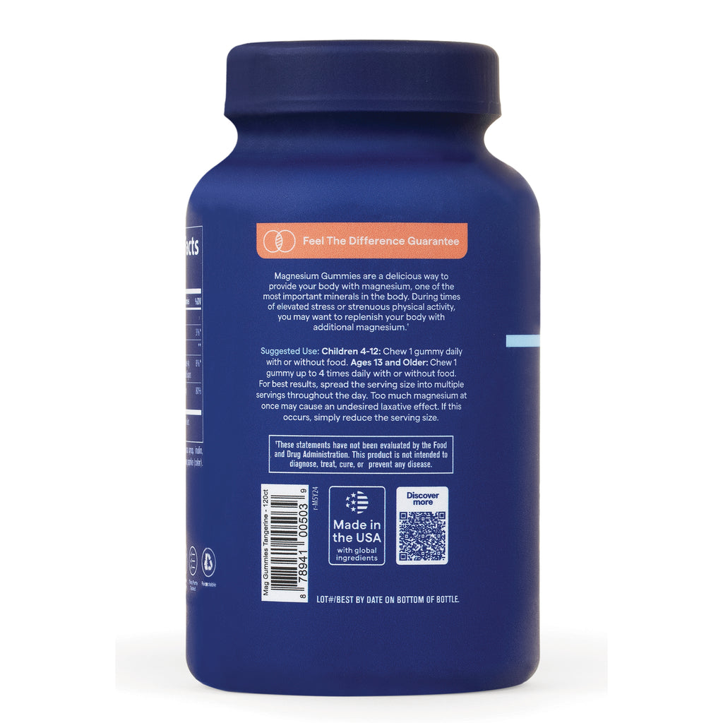 TM113 | Back label of magnesium gummies bottle with usage directions, Feel The Difference Guarantee, QR code, Made in the USA - Thumbnail