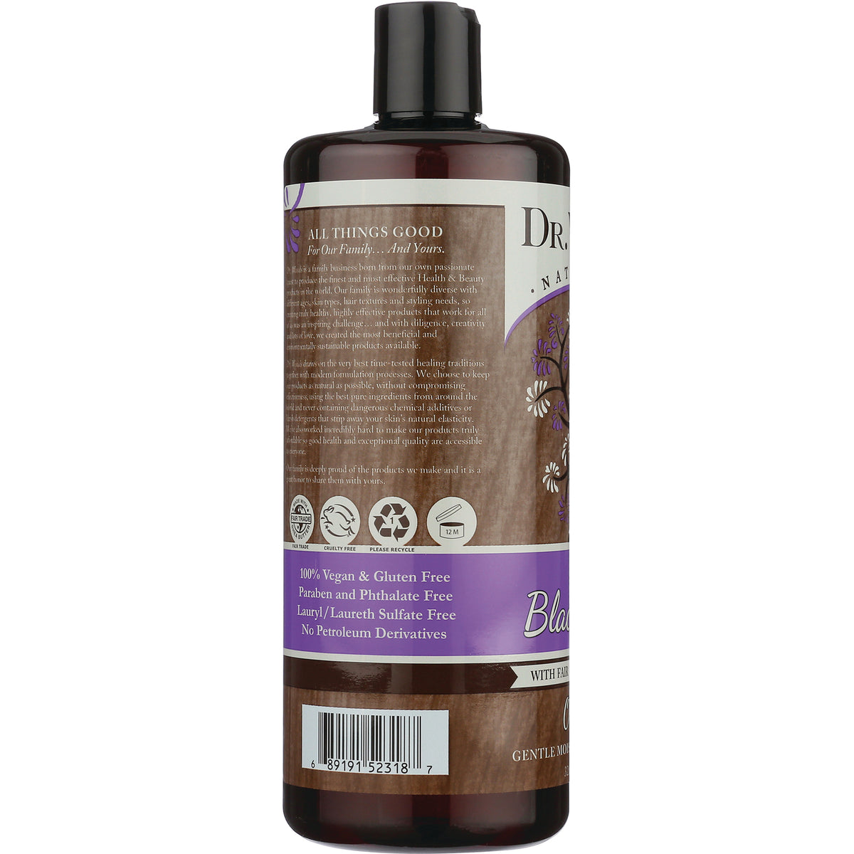 DRW005 | Back of brown bottle with ingredients and symbols, barcode and purple band reading 100% Vegan & Gluten Free