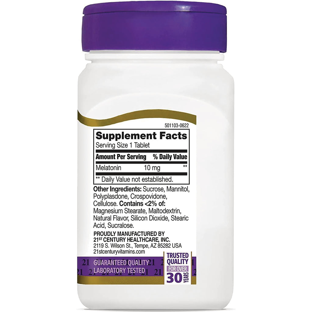 CNT246 | back label of white supplement bottle showing Supplement Facts Serving Size 1 Tablet; Melatonin 10 mg and ingredients list - Thumbnail