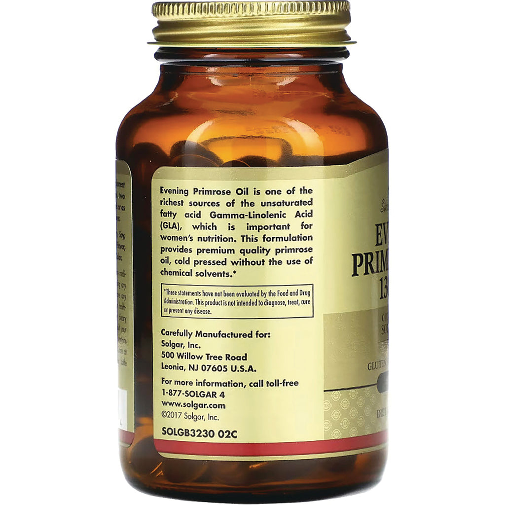 SLG277 | Amber supplement bottle back label showing Evening Primrose Oil description and SOLGB3230 02C code - Thumbnail