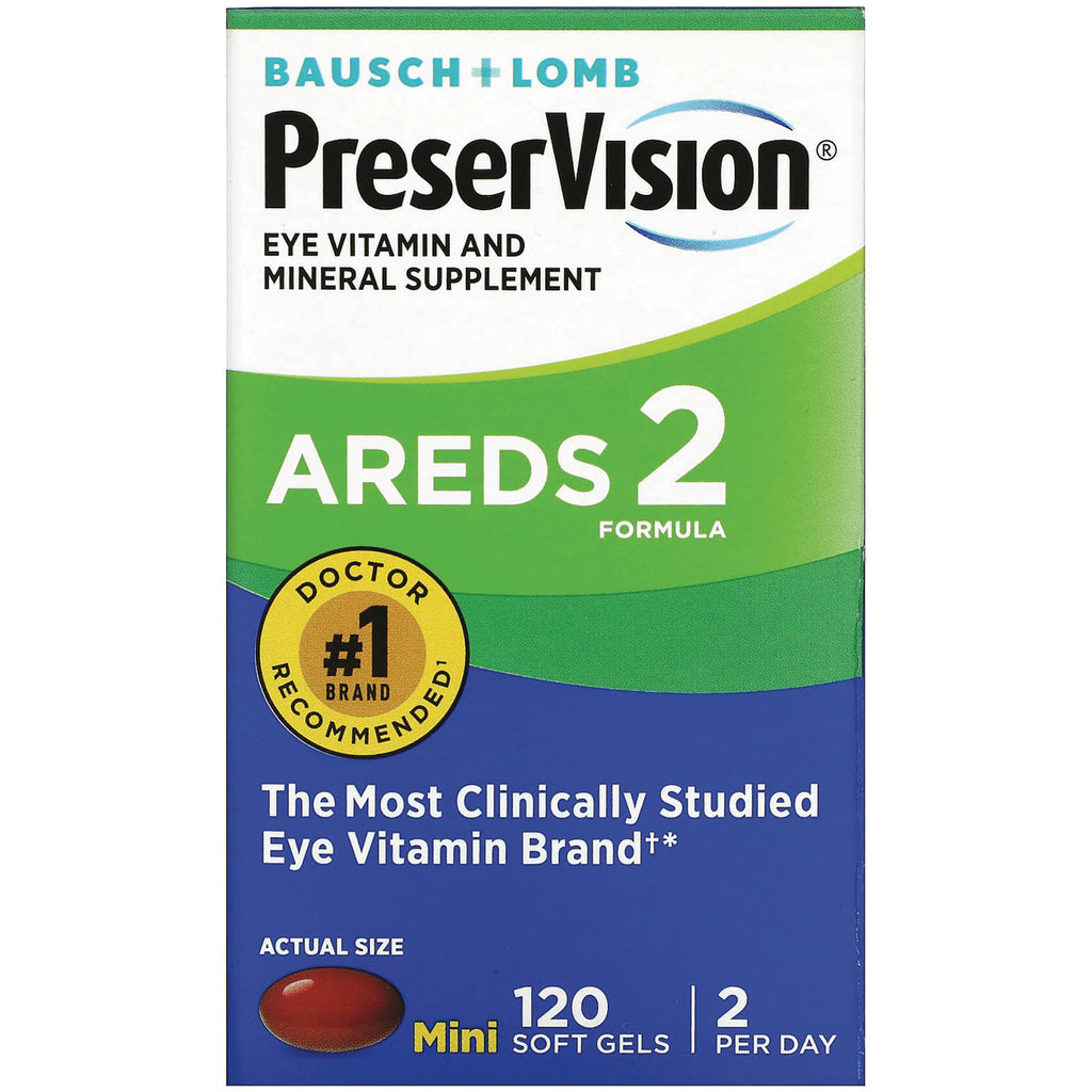 BNL025 | PreserVision AREDS 2 eye vitamin and mineral supplement box showing 120 mini soft gels and #1 doctor recommended - Thumbnail