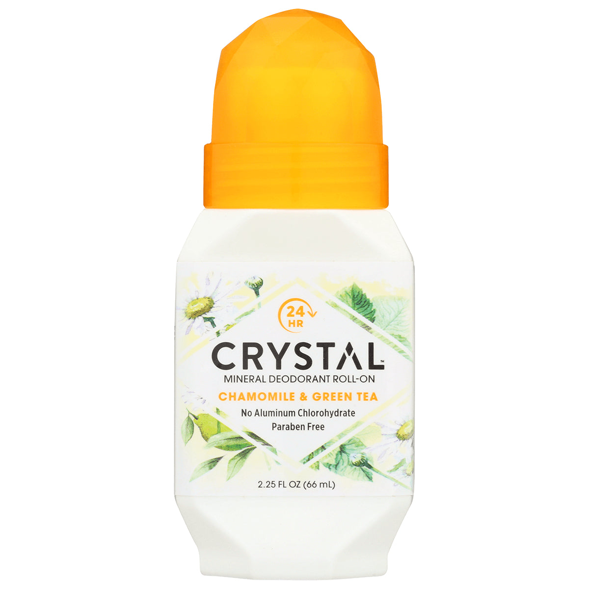 CRY011 | Crystal mineral roll-on deodorant Chamomile & Green Tea with orange cap, 2.25 fl oz