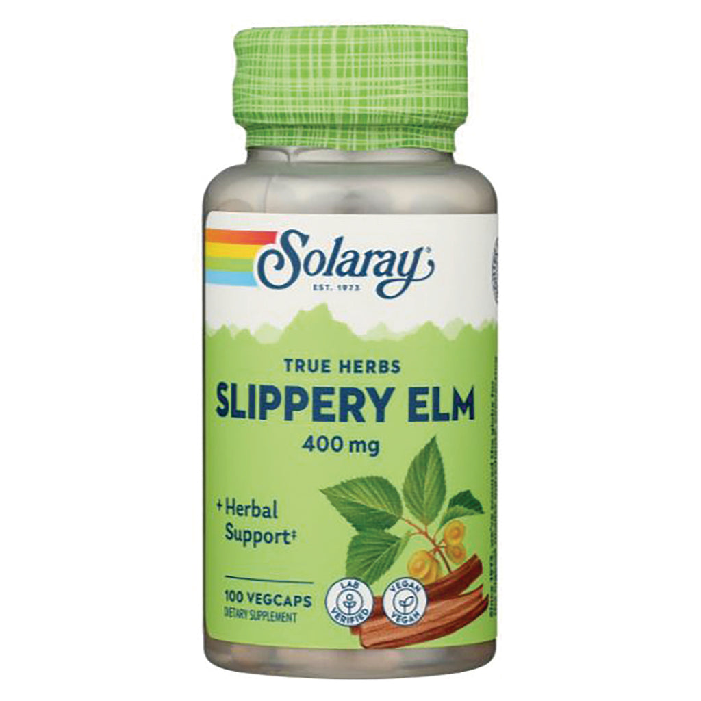 SLR226 | Solaray Slippery Elm 400 mg supplement bottle with green label and 100 vegcaps - Thumbnail