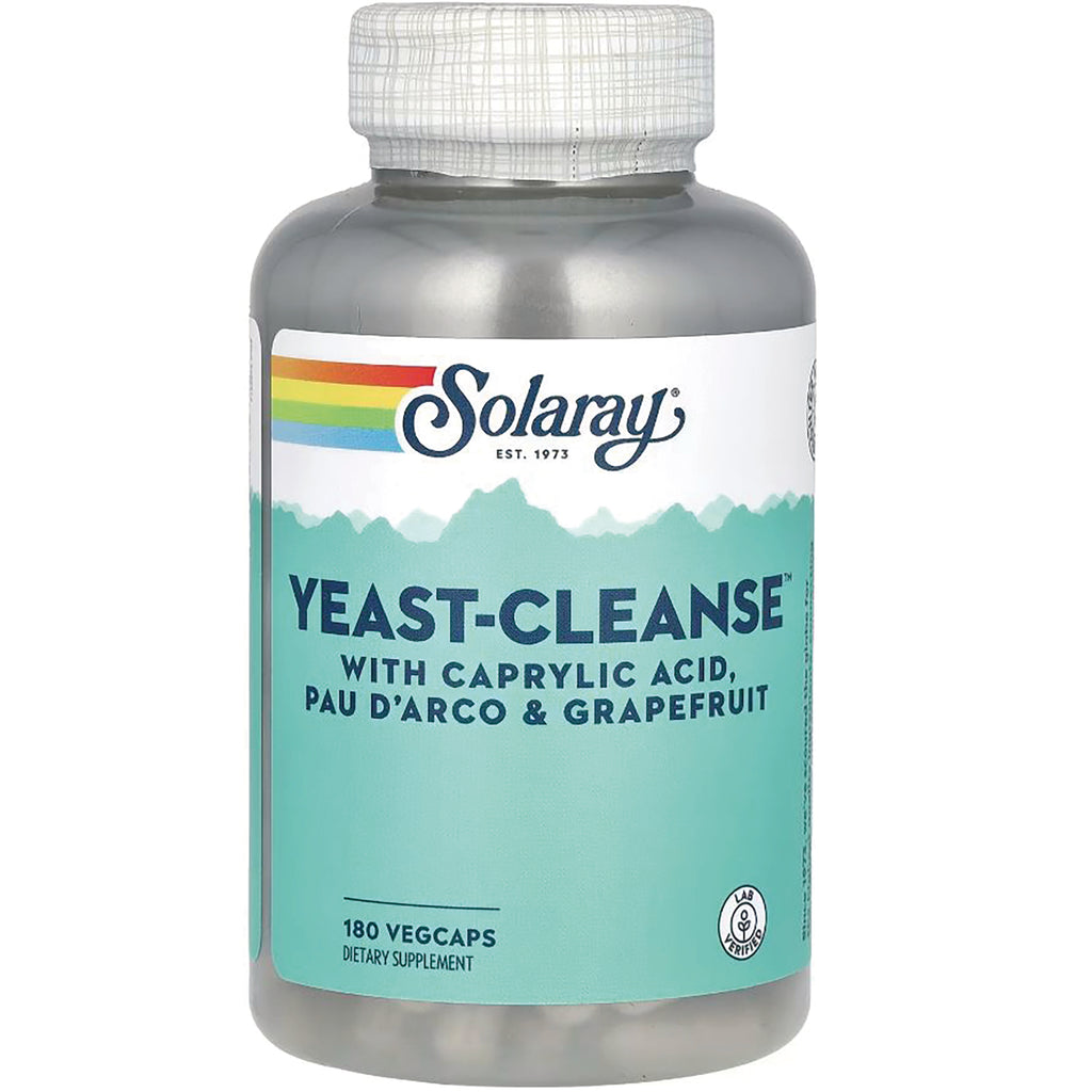 SLR271 | Solaray Yeast-Cleanse with Caprylic Acid, Pau DArco & Grapefruit, 180 VegCaps bottle front - Thumbnail