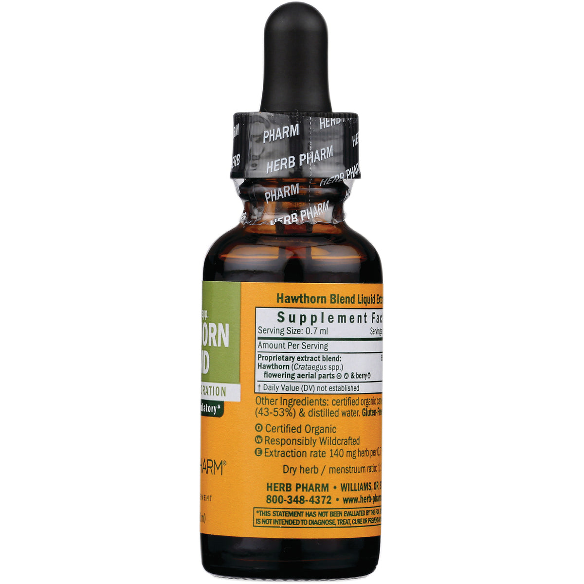 HPH019 | Back of amber dropper bottle showing Hawthorn Blend supplement facts and ingredients label