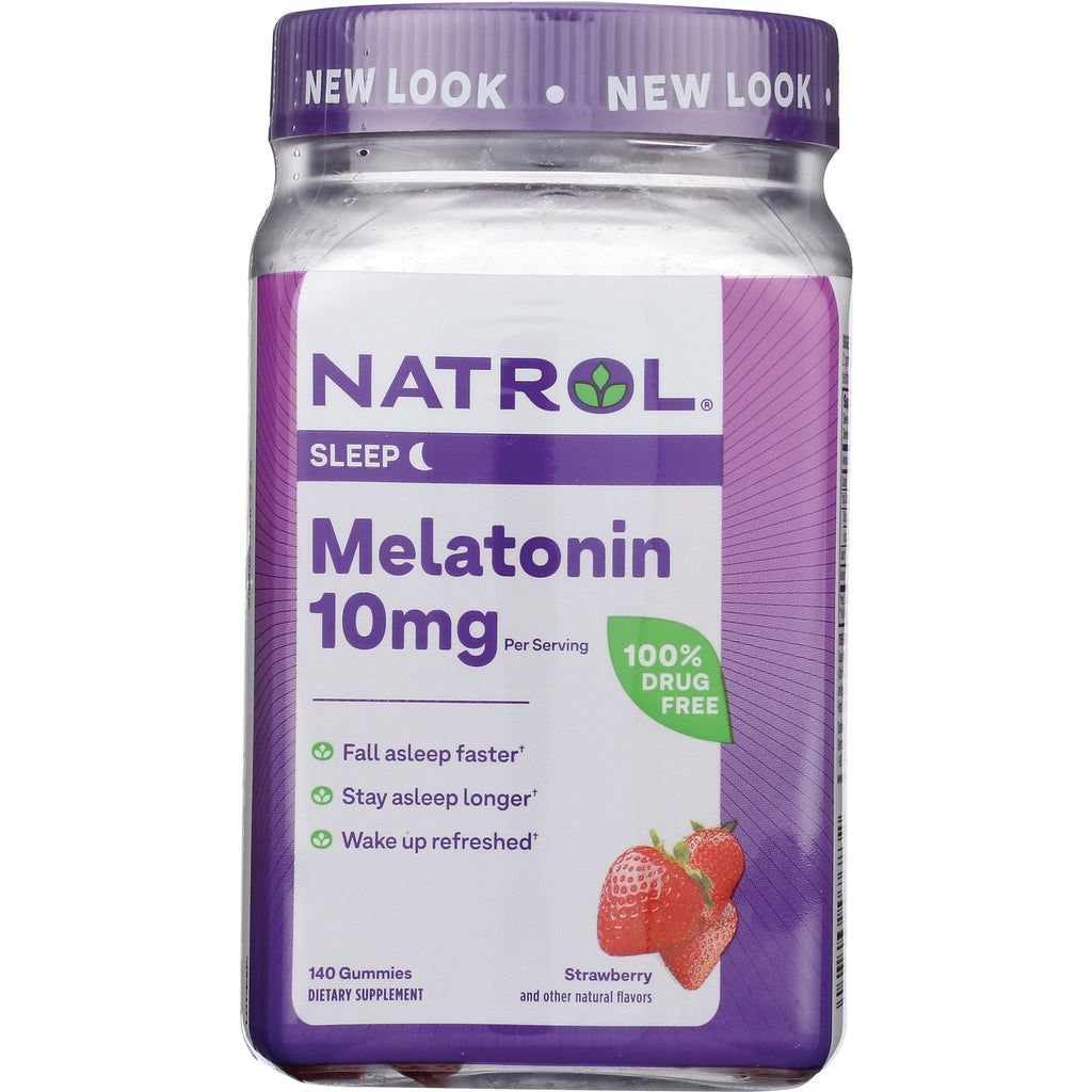 NA627 | Natrol Melatonin 10mg strawberry gummies bottle front label with 100% drug free badge - Thumbnail
