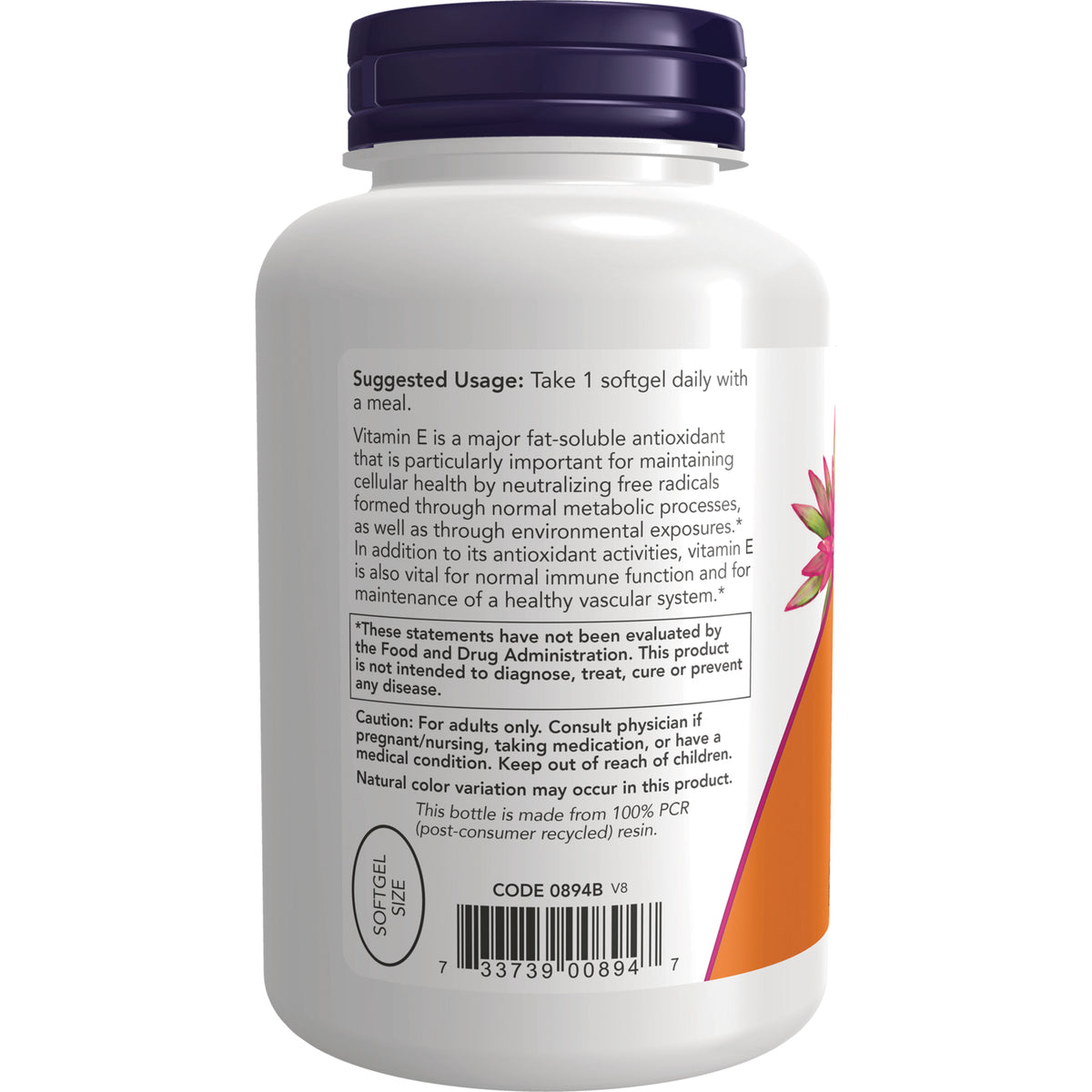 NWF881 | Back of white supplement bottle showing suggested usage, caution text, and barcode