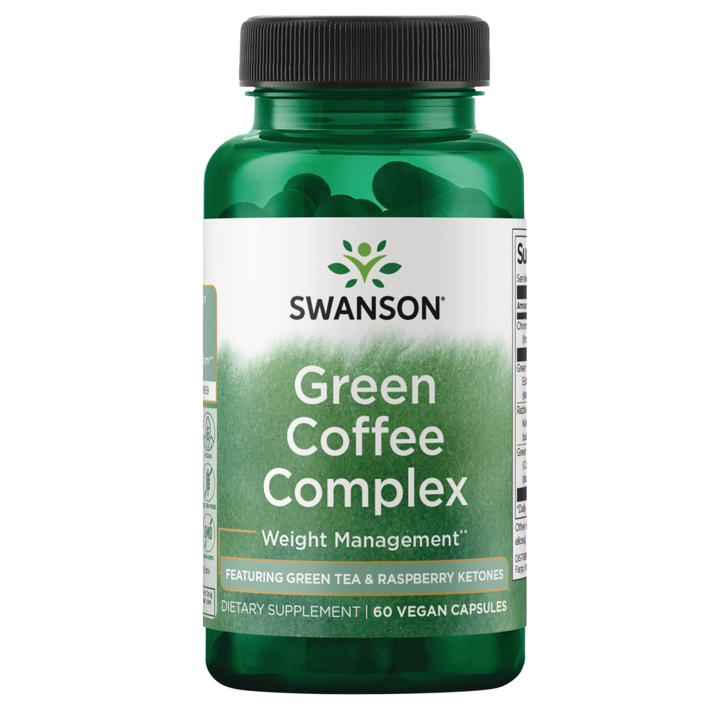 SWD077 | Four Swanson Green Coffee Complex bottles front view showing SWANSON logo and Green Coffee Complex label || SWD077 | Three Swanson Green Coffee Complex bottles front view with label reading Green Coffee Complex and 60 veggie capsules || SWD077 | Two front-facing Swanson Green Coffee Complex bottles labeled Green Coffee Complex 60 veggie capsules - Thumbnail