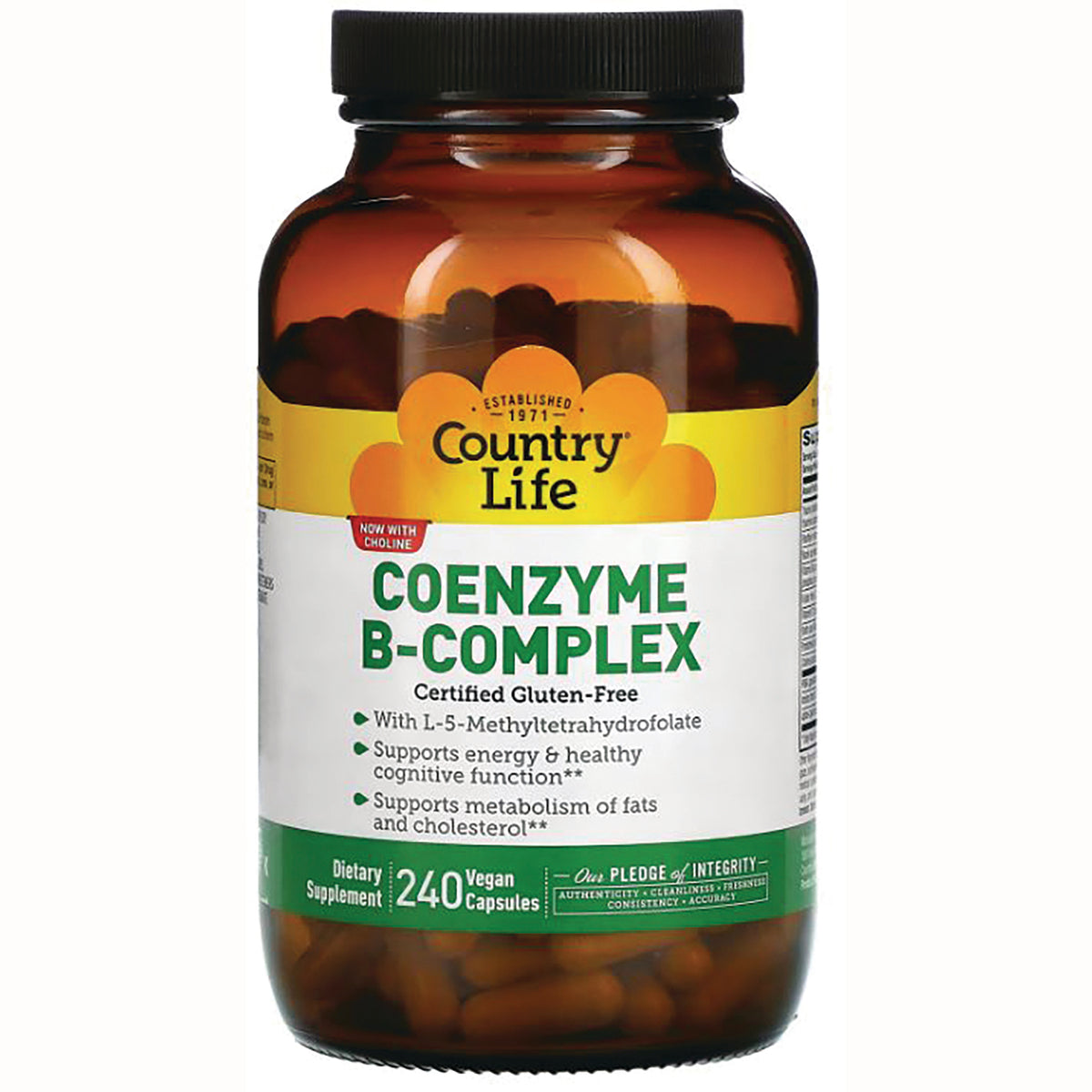 CRL562 | Country Life Coenzyme B-Complex amber bottle front label showing 240 vegan capsules dietary supplement