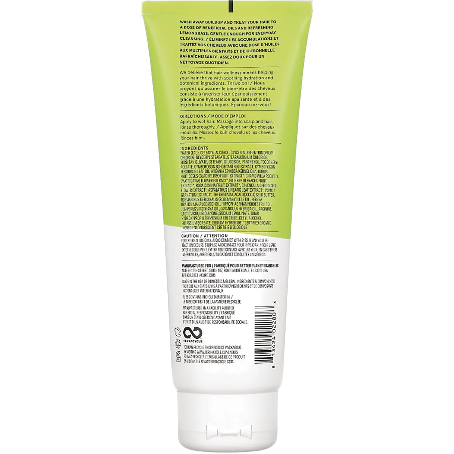 ACR099 | Back of green hair product tube with directions, ingredients, caution text, and barcode