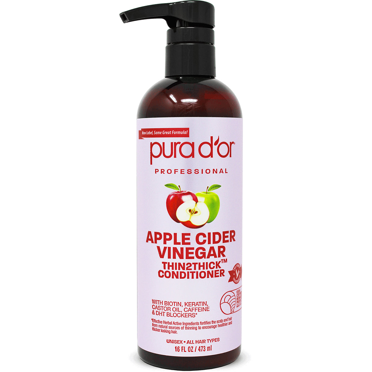 PDO002 | Pura d'or Apple Cider Vinegar Thin2Thick conditioner in 16 fl oz pump bottle, front label visible
