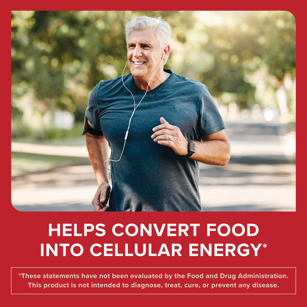 QNL016 | Smiling man jogging outdoors with earbuds, shown in a red infographic about converting food into cellular energy - Thumbnail