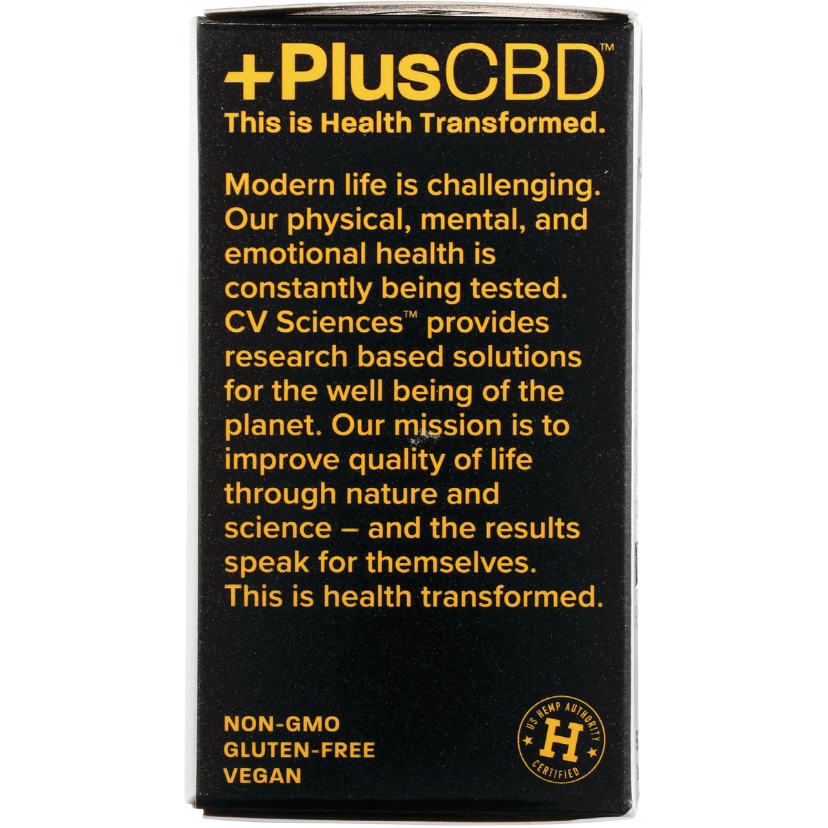 Black box panel showing PlusCBD branding and paragraph about health transformed labeled NON-GMO GLUTEN-FREE VEGAN