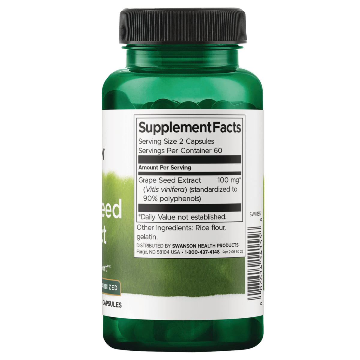 SWH155 | Back label with Supplement Facts for grape seed extract 100 mg and other ingredients