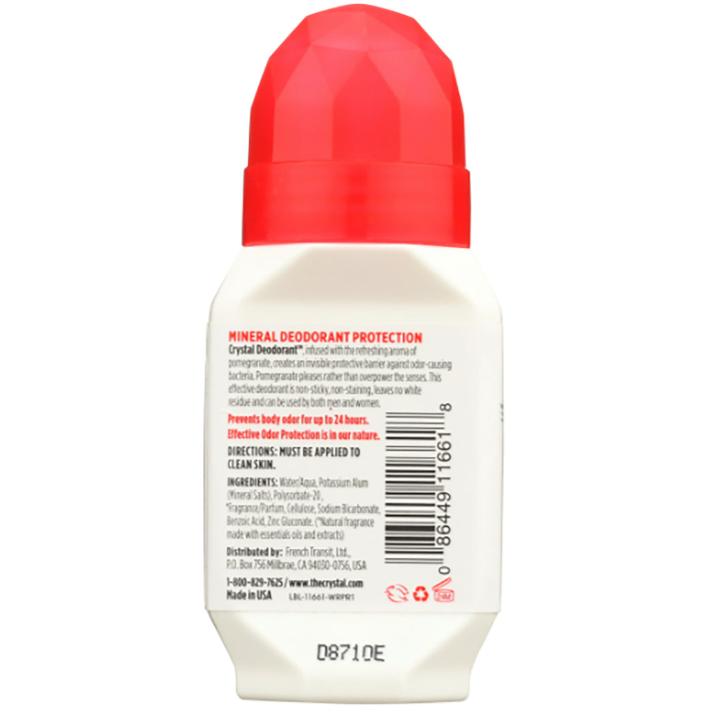 CRY013 | Back of white roll-on deodorant with red faceted cap, showing MINERAL DEODORANT PROTECTION label, ingredients and barcode - Thumbnail