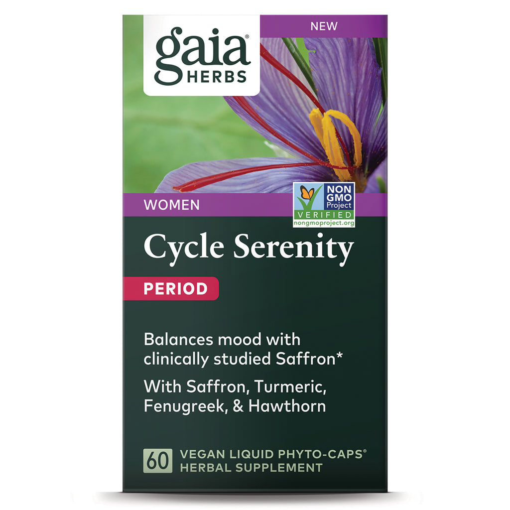 GH175 | Gaia Herbs Cycle Serenity Period supplement front packaging with saffron flower, PERIOD label and 60 vegan liquid phyto-caps - Thumbnail