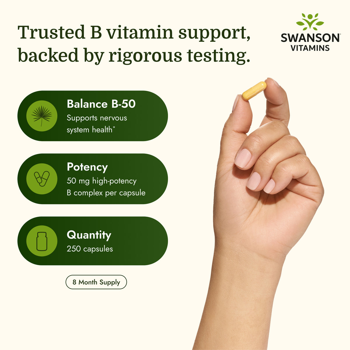 SW058 | Hand with pill image and trusted B vitamin support backed by rigorous testing