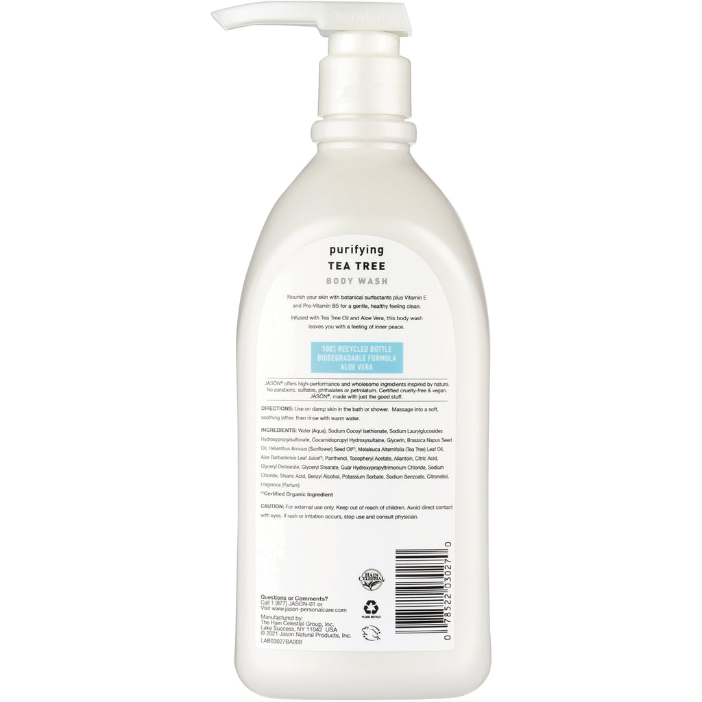 JC054 | Back of white pump bottle labeled purifying TEA TREE BODY WASH showing ingredients, directions and barcode - Thumbnail