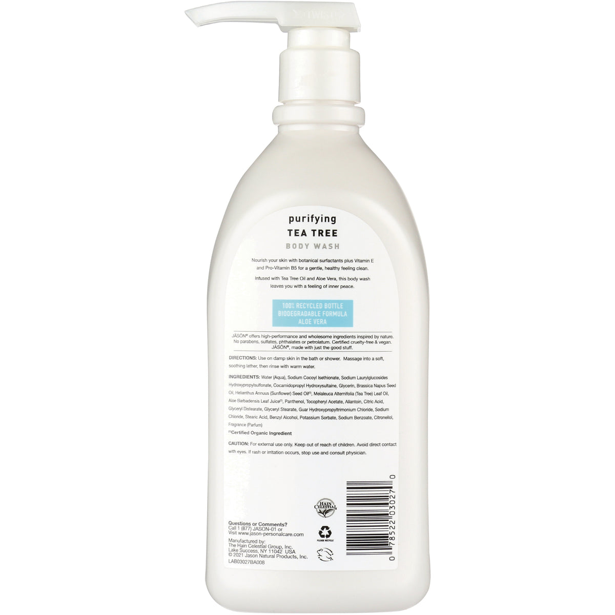JC054 | Back of white pump bottle labeled purifying TEA TREE BODY WASH showing ingredients, directions and barcode