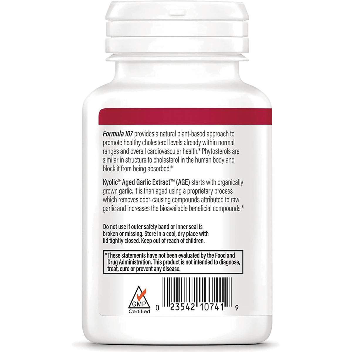 KY093 | back label of white supplement bottle with product information, warnings, barcode and GMP certified logo