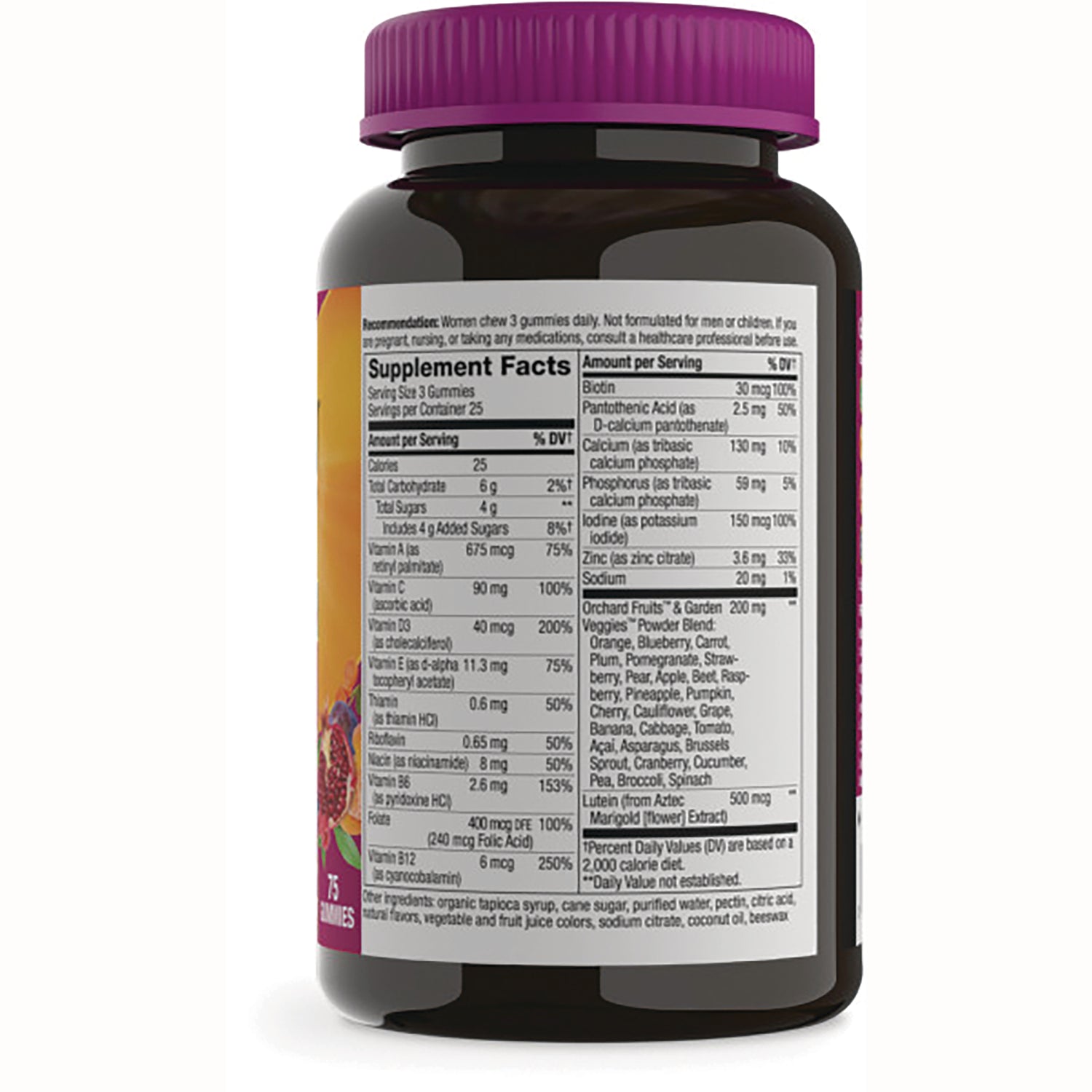 NW854 | Back label showing Supplement Facts panel and ingredients on dark supplement bottle with purple cap