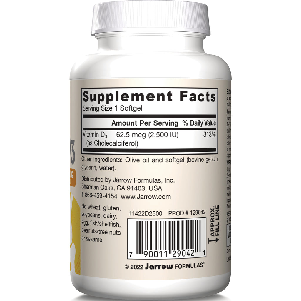 JR125 | back label showing Supplement Facts, vitamin D3 62.5 mcg (2,500 IU), ingredients and barcode - Thumbnail