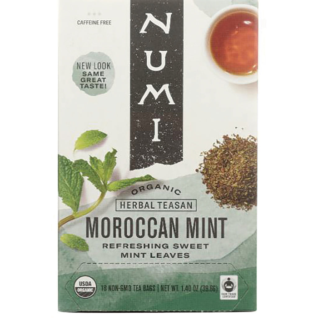 NUM009 | Box of Numi Moroccan Mint organic herbal tea showing mint leaves and a cup of brewed tea - Thumbnail