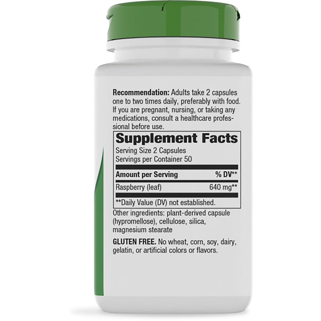 NW843 | Back label showing Supplement Facts, serving size 2 capsules, raspberry leaf 640 mg and directions - Thumbnail