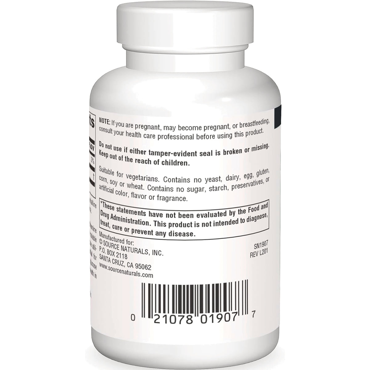 SN680 | Supplement bottle back label with warnings, ingredients notes, manufacturer info, and barcode