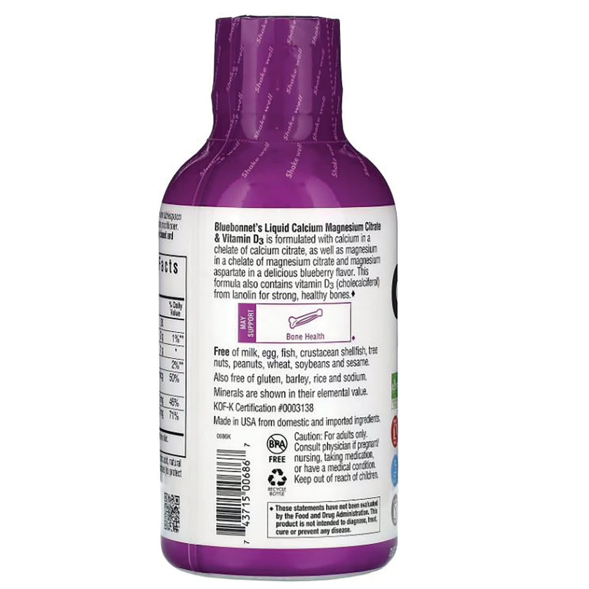 BLU089 | Back label of purple liquid supplement bottle showing ingredients, warnings, and barcode