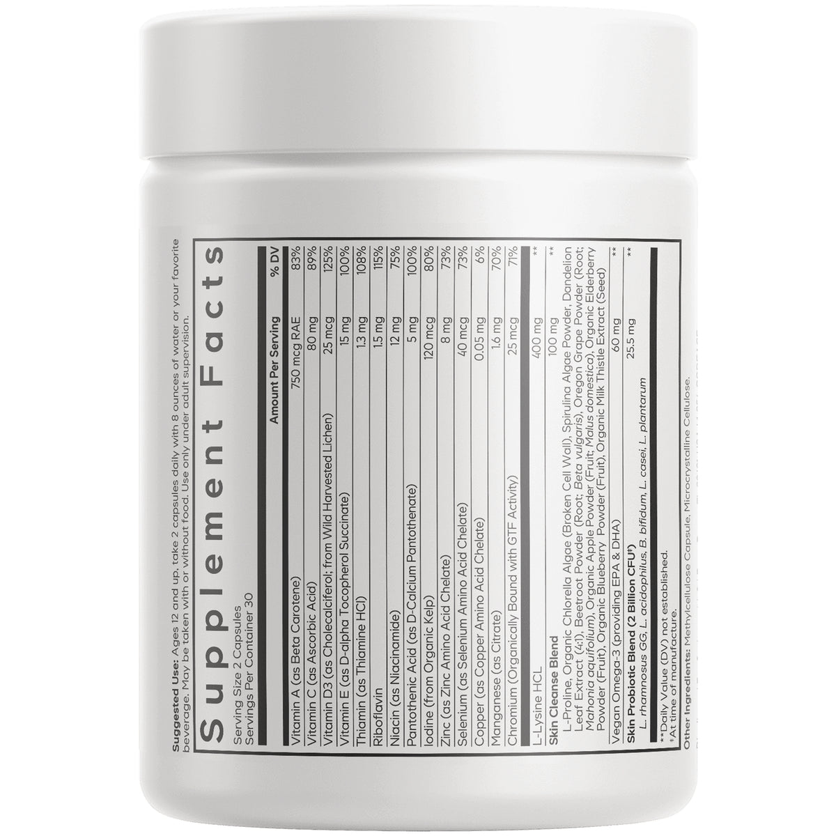 CDG063 | Back of white supplement bottle showing Supplement Facts nutrition panel
