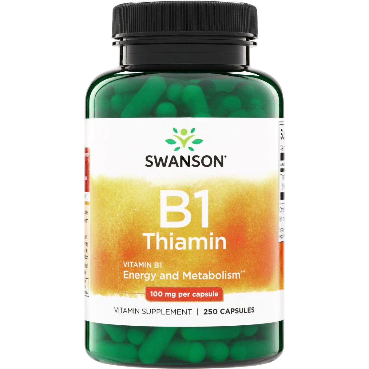 SW016 | Swanson B1 Thiamin 100 mg per capsule vitamin supplement, 250 capsules, front label